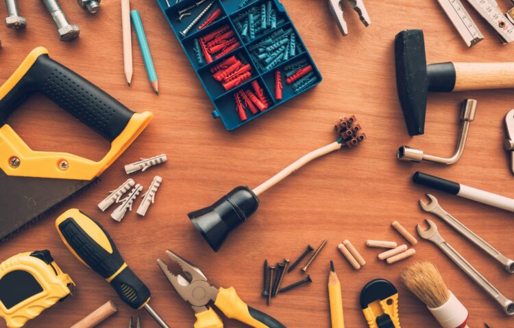 DIY housework tools top view on workshop desk