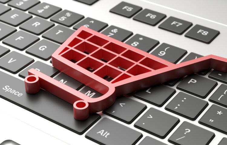 e-commerce symbol on a computer keyboard, black friday concept. 3d illustration