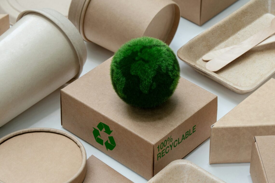 Eco Friendly Packaging for a Sustainable Future. Green earth on cardboard box with a recycling sign