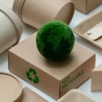 Eco Friendly Packaging for a Sustainable Future. Green earth on cardboard box with a recycling sign