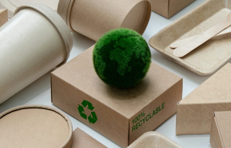 Eco Friendly Packaging for a Sustainable Future. Green earth on cardboard box with a recycling sign