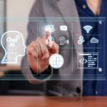 Multimodal Interaction with AI: Businessman Engaging with AI Chat that Sees, Hears, and Speaks.