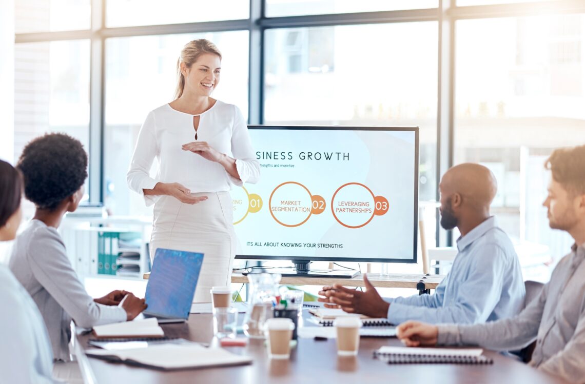 Corporate woman, workshop or seminar for presentation for business growth, development or team disc