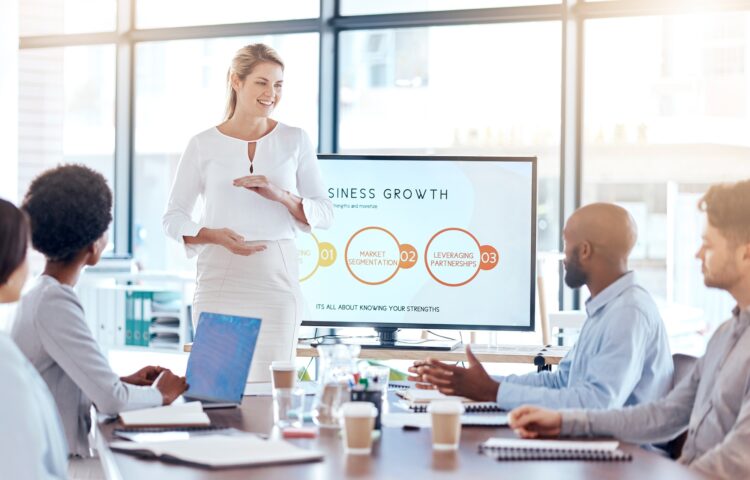 Corporate woman, workshop or seminar for presentation for business growth, development or team disc