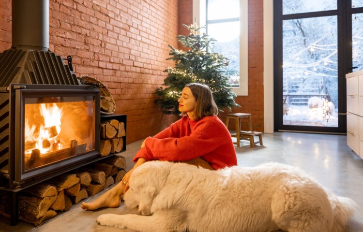 Woman with dog at home on a winter holidays