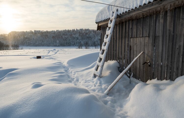 Wonderful winter rural landscape. Old wooden barn