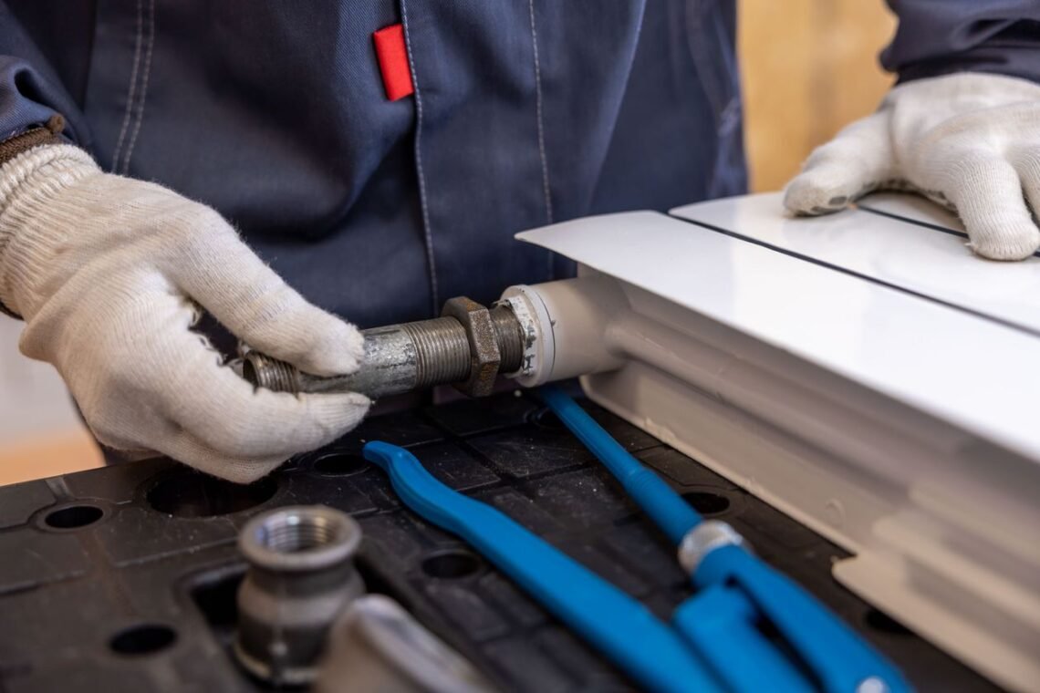 Professional plumber installing a pipe with specialized tools