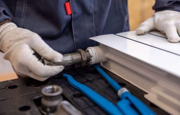 Professional plumber installing a pipe with specialized tools