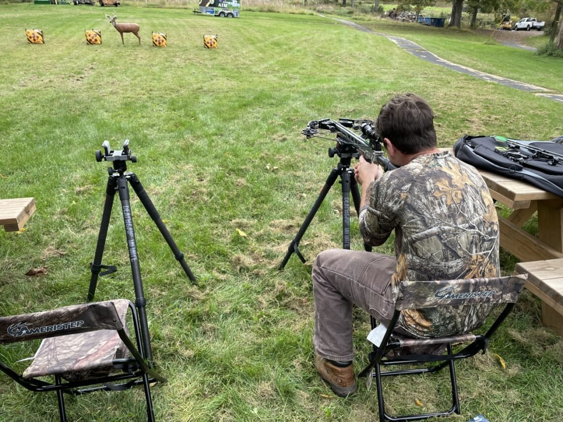 Hunter lining up a crossbow during archery practice