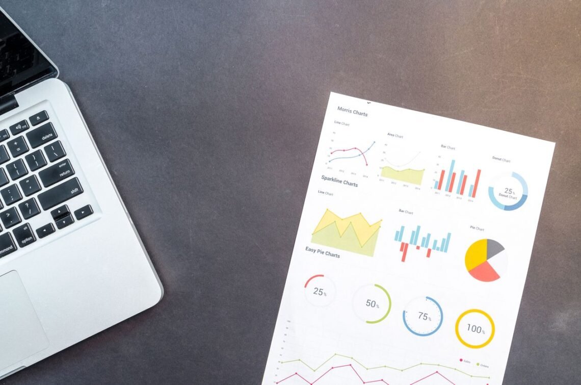 Modern desk setup with a laptop and analytical charts